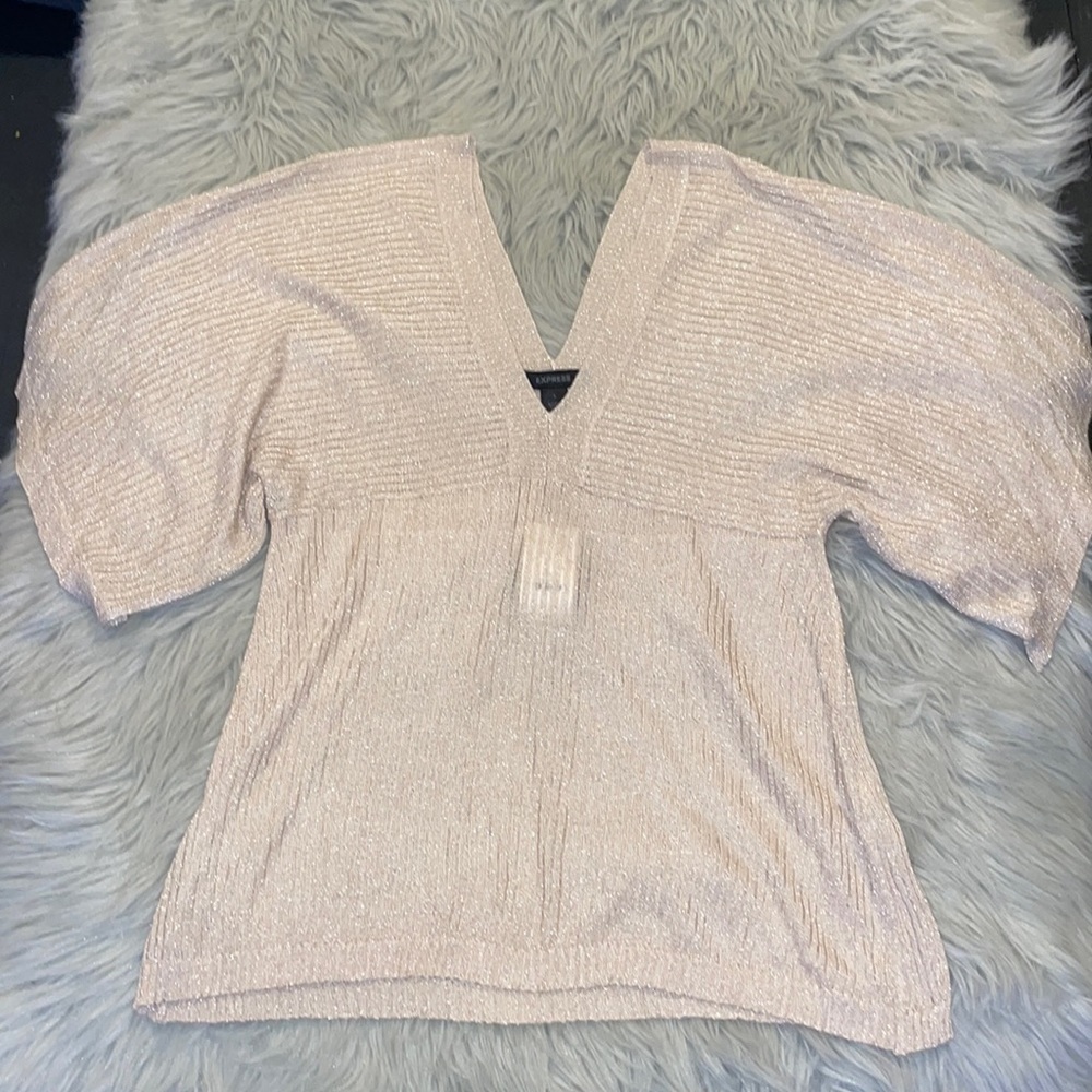 Express Sparkly V Neck Top, size Large, Cream colored